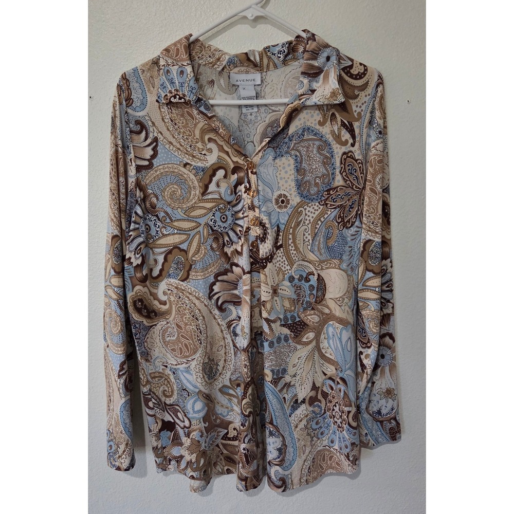Avenue Paisley Blouse Boho Stretch 1/4 Button Front Long Sleeve Size 14/16 Women